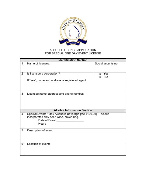 First page of the Special Event Alcohol License Application