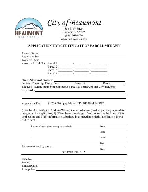 First page of the Application for Certificate of Parcel Merger