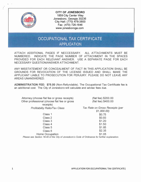First page of the Occupational Tax Certificate Application