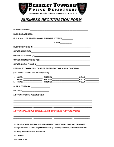First page of the Business Registration Form