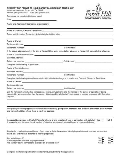 First page of the Request for Permit to Hold Carnival, Circus or Tent Show