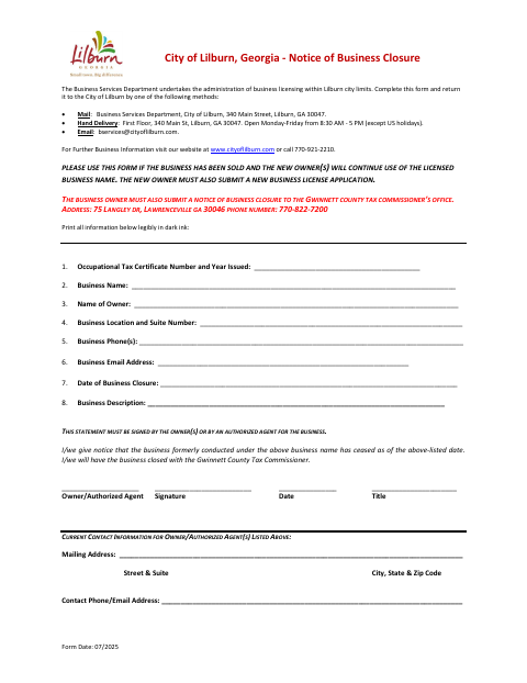 First page of the Notice of Business Closure Form