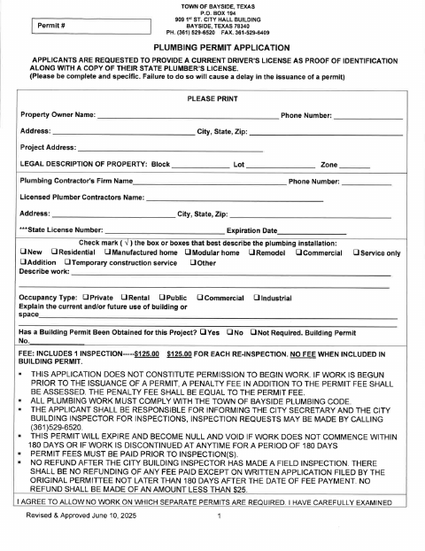 First page of the Plumbing Permit Application