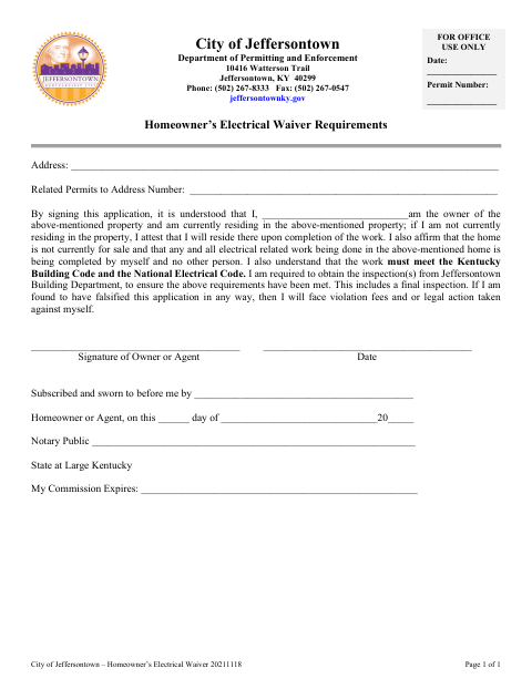 First page of the Homeowner’s Electrical Waiver