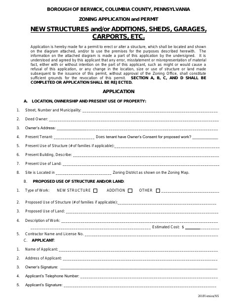 First page of the Zoning Application and Permit for New Structures and Additions