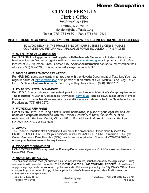 First page of the Home Occupation Business License Application Packet