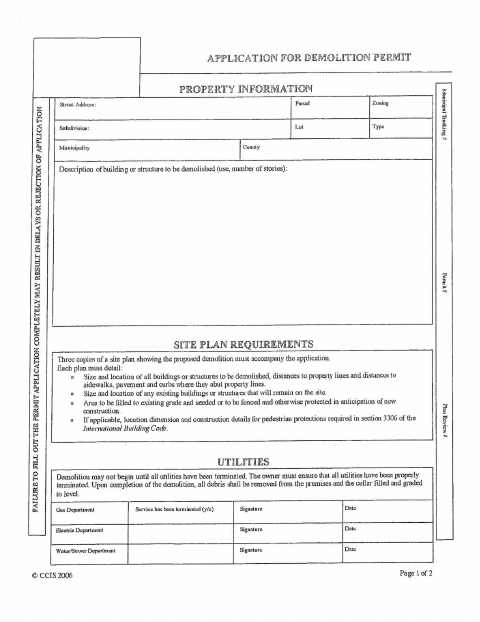 First page of the Demolition Permit Application