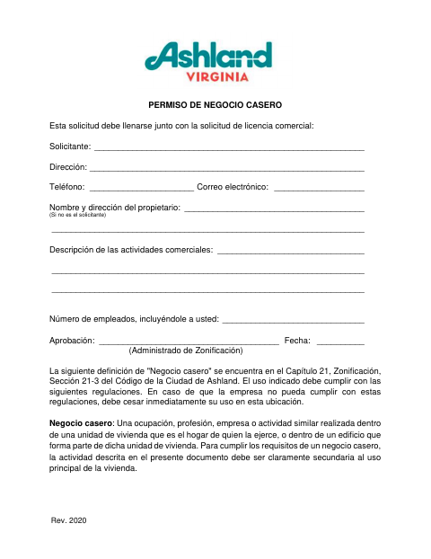 First page of the Home Occupation Permit