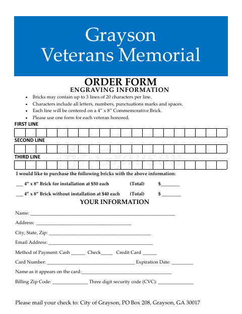 First page of the Veterans Memorial Brick Order Form