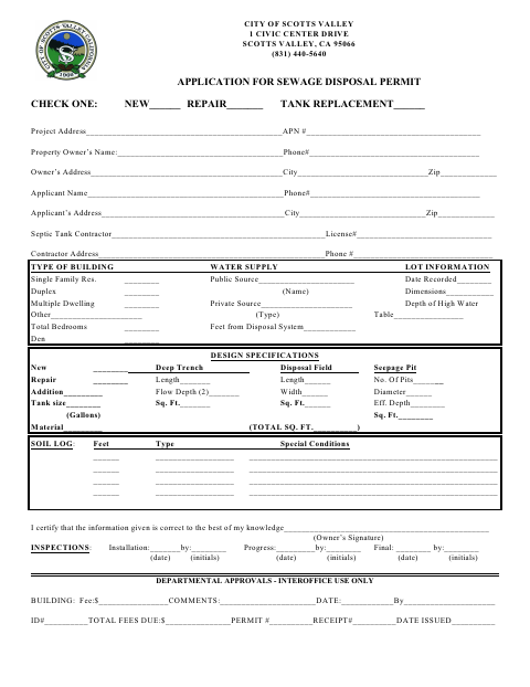 First page of the Application for Sewage Disposal Permit