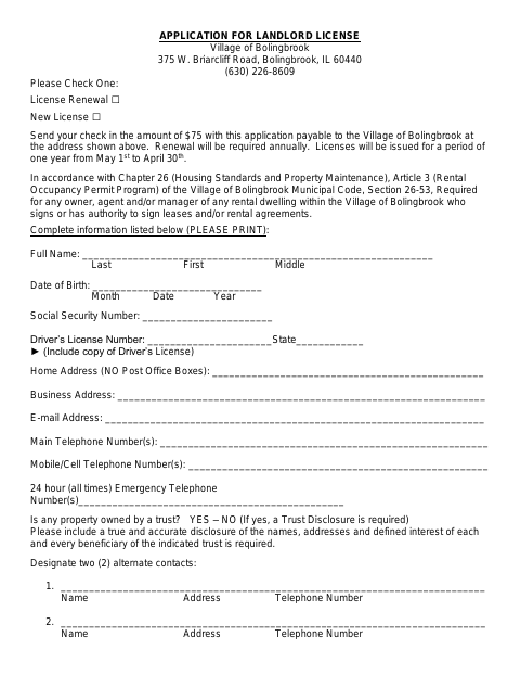 First page of the Landlord License Application