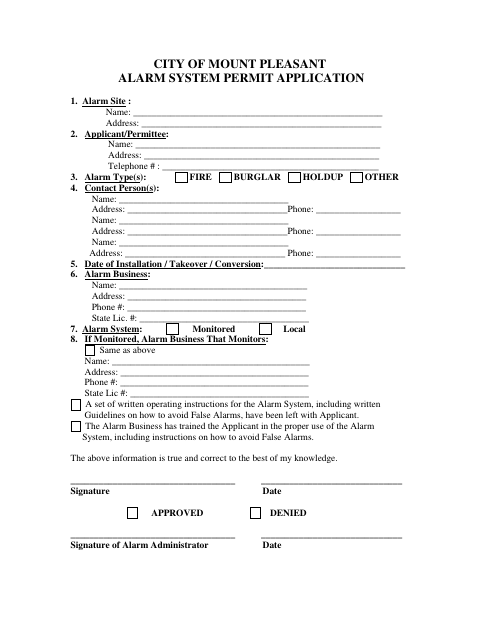 First page of the Alarm System Permit Application
