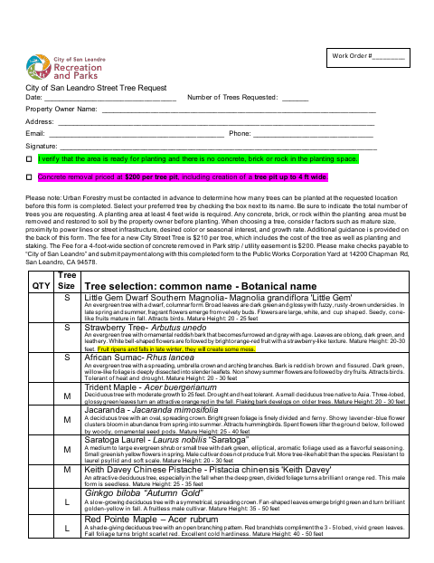 First page of the Street Tree Request Form