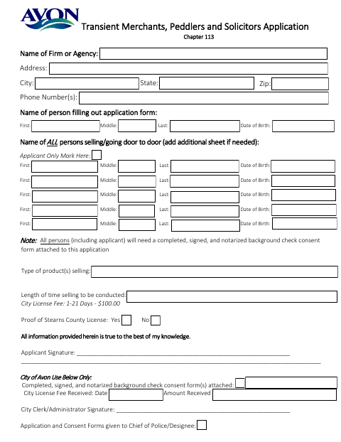 First page of the Transient Merchants, Peddlers and Solicitors Application
