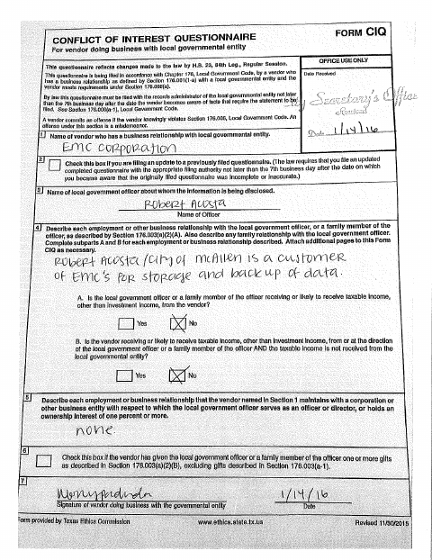 First page of the Conflict of Interest Questionnaire