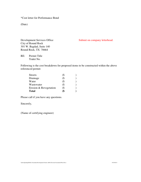 First page of the Cost Letter – Performance Bond
