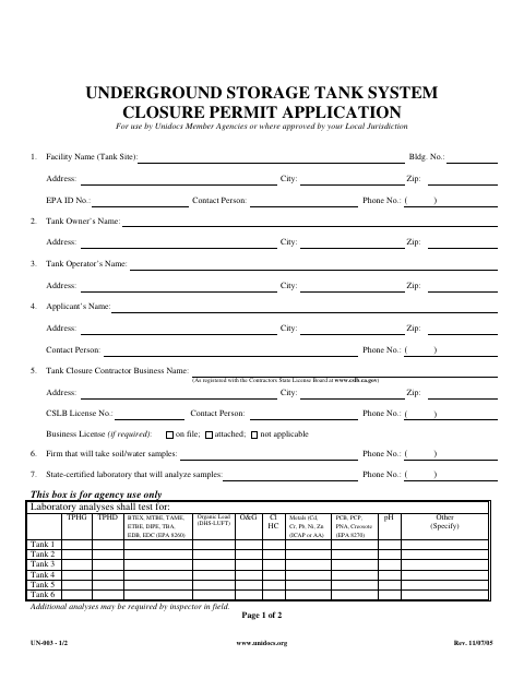 First page of the Underground Storage Tank System Closure Permit Application