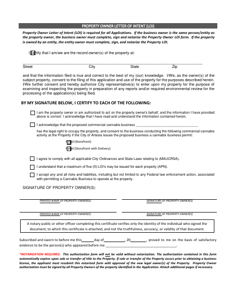 First page of the Property Owner Letter of Intent