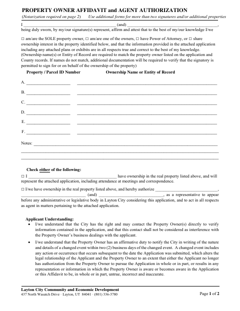 First page of the Property Owner Affidavit and Agent Authorization