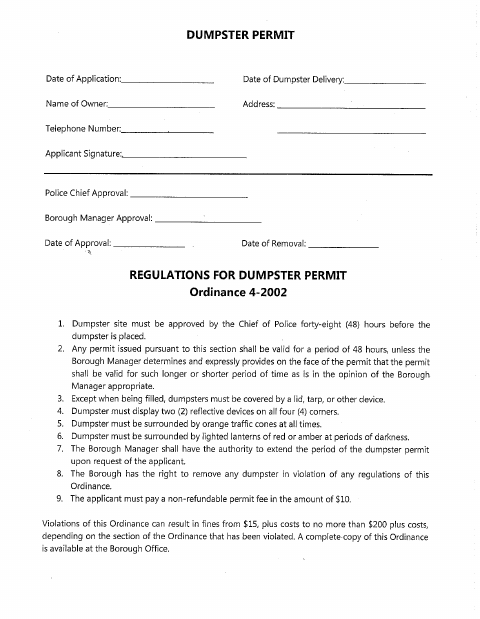 First page of the Dumpster Permit Application