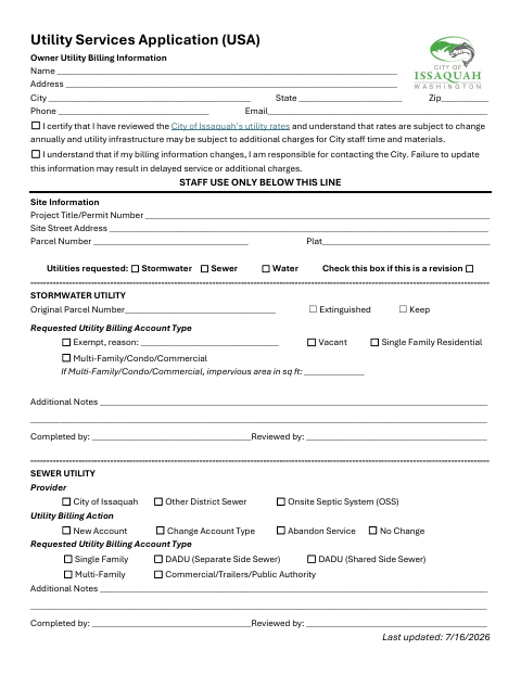 First page of the Utility Services Application