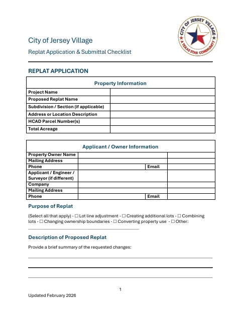 First page of the Replat Application & Submittal Checklist