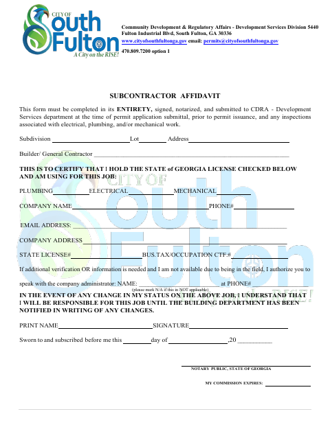 First page of the Subcontractor Affidavit