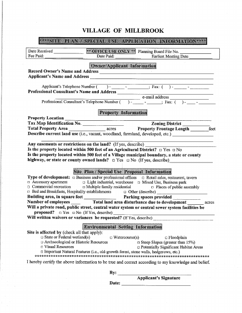 First page of the Site Plan/Special Use Application