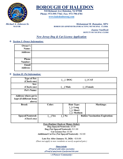 First page of the New Jersey Dog & Cat License Application