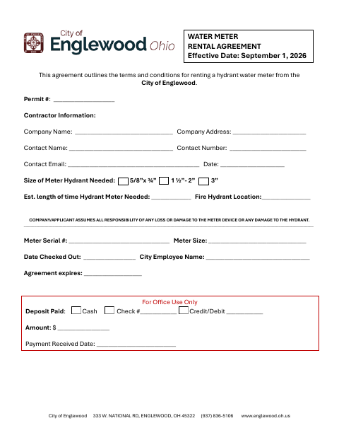 First page of the Water Meter Rental Agreement