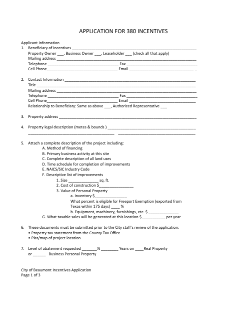 First page of the Application for 380 Incentives