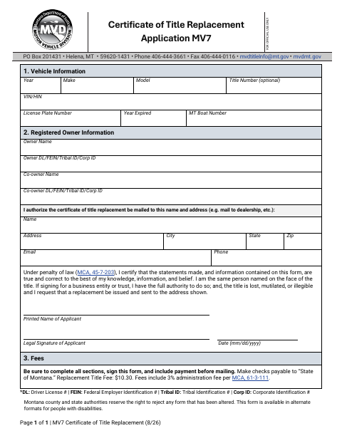 First page of the Montana Replacement Title Application (MV7)