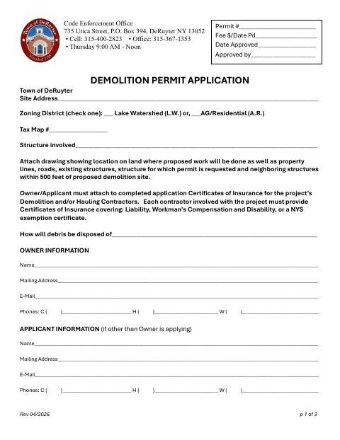 First page of the Demolition Permit Application