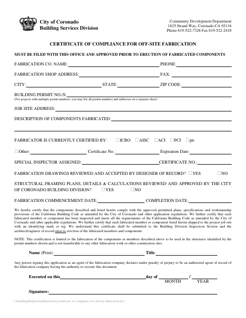 First page of the Certificate of Compliance for Off-Site Fabrication