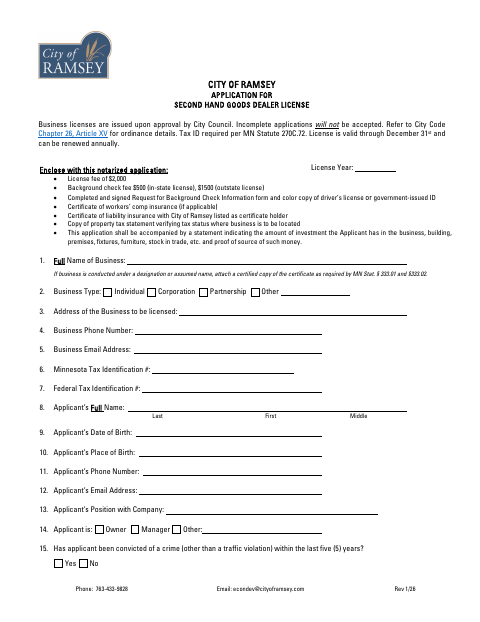 First page of the Second Hand Goods Dealer License Application