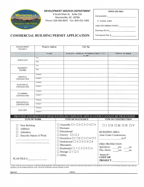 First page of the Commercial Building Permit Application