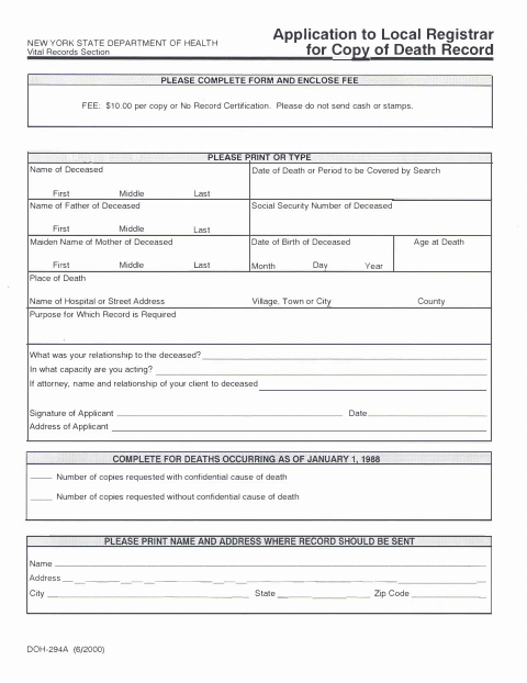 First page of the Application to Local Registrar for Copy of Death Record
