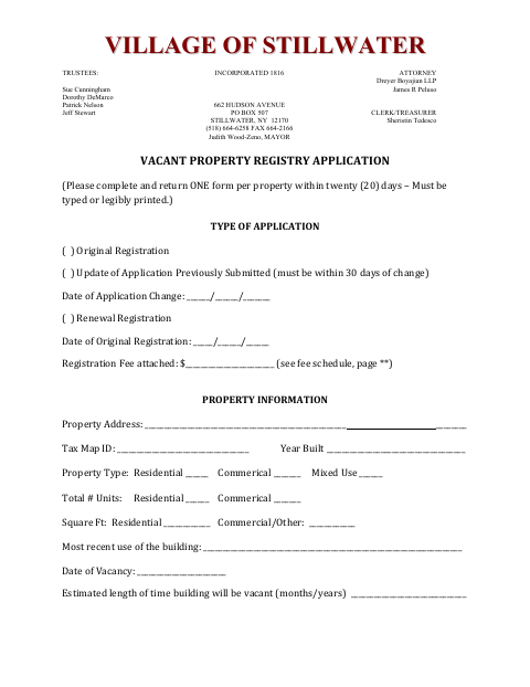 First page of the Vacant Property Registry Application