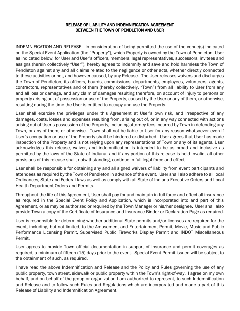 First page of the Release of Liability and Indemnification Agreement