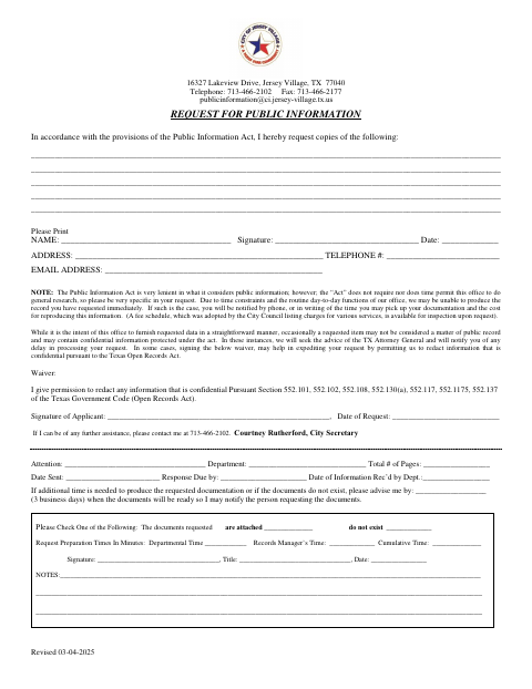 First page of the Request for Public Information