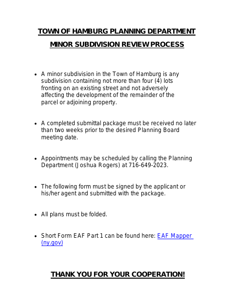 First page of the Minor Subdivision Application