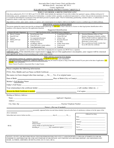 First page of the Birth Certificate Request