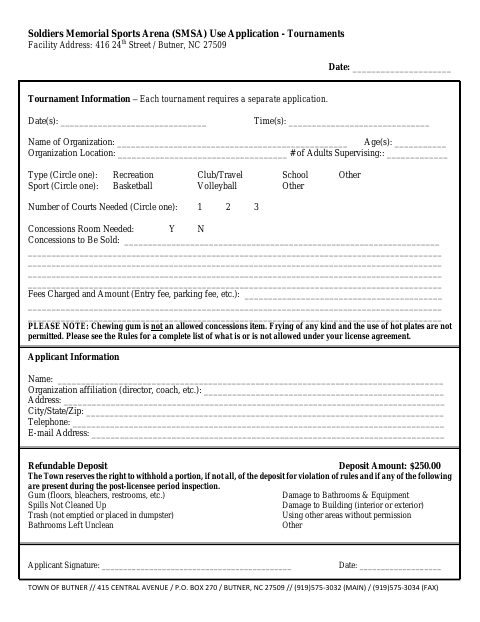 First page of the Soldiers Memorial Sports Arena Use Application – Tournaments