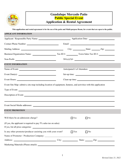 First page of the Public Event Rental Agreement
