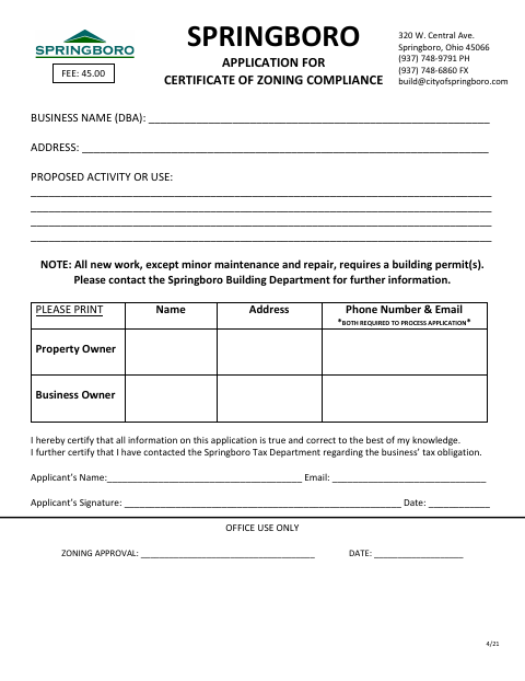 First page of the Application for Certificate of Zoning Compliance