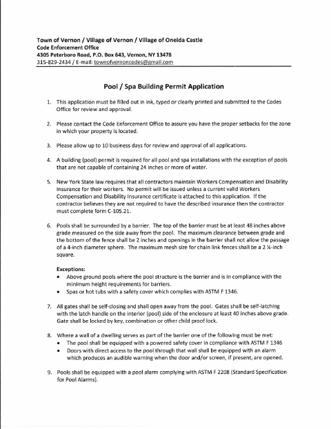 First page of the Pool Spa Building Permit Application