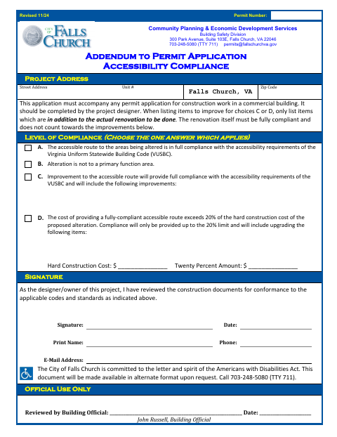 First page of the Accessibility Compliance Addendum to Permit Application