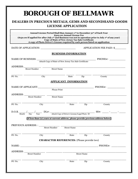 First page of the Dealers in Precious Metals, Gems and Secondhand Goods License Application