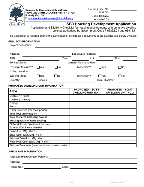 First page of the SB 9 Housing Development Application