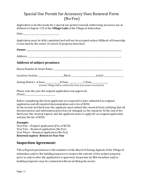 First page of the Special Use Permit for Accessory Uses Renewal Form